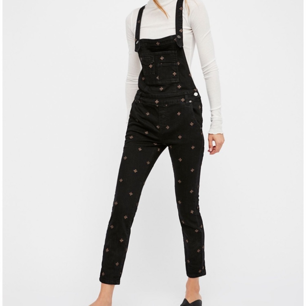 Free People Embroidered Denim Overalls